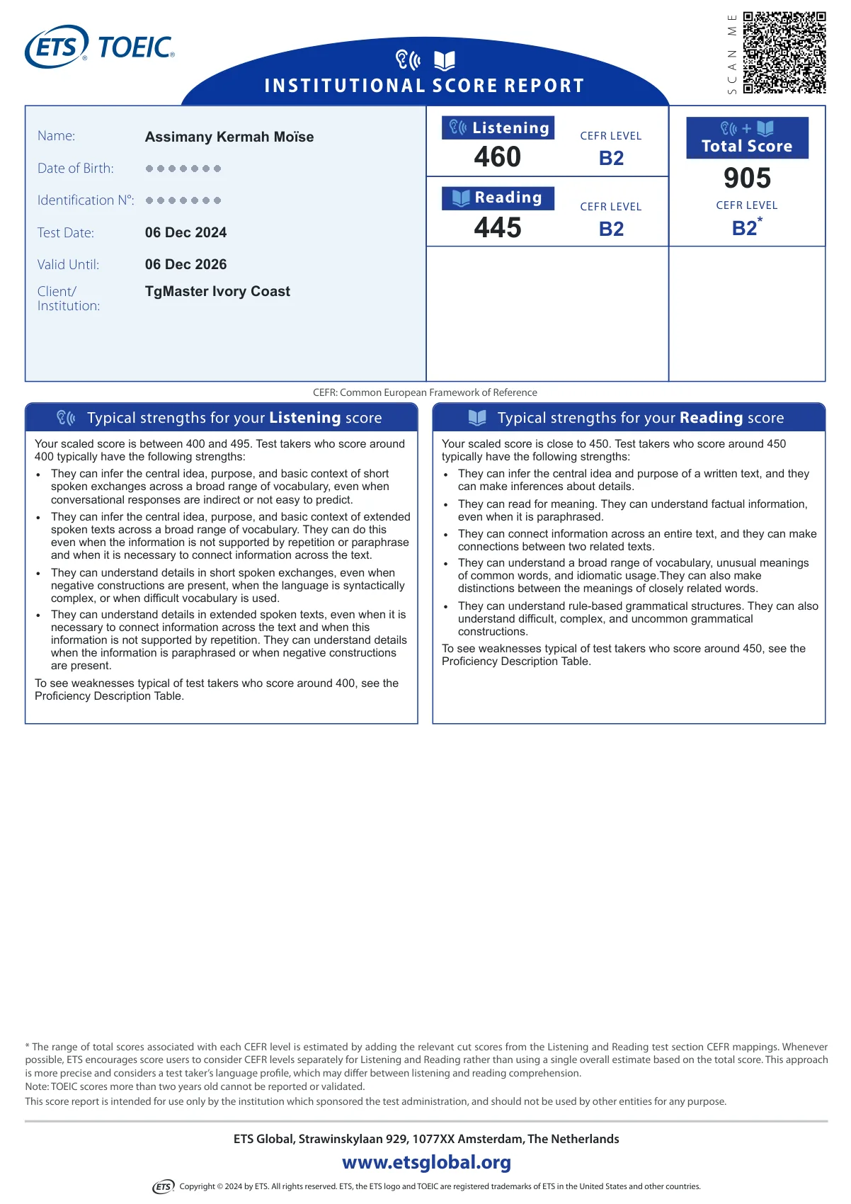 TOEIC B2, 905 sur 990, TOEIC